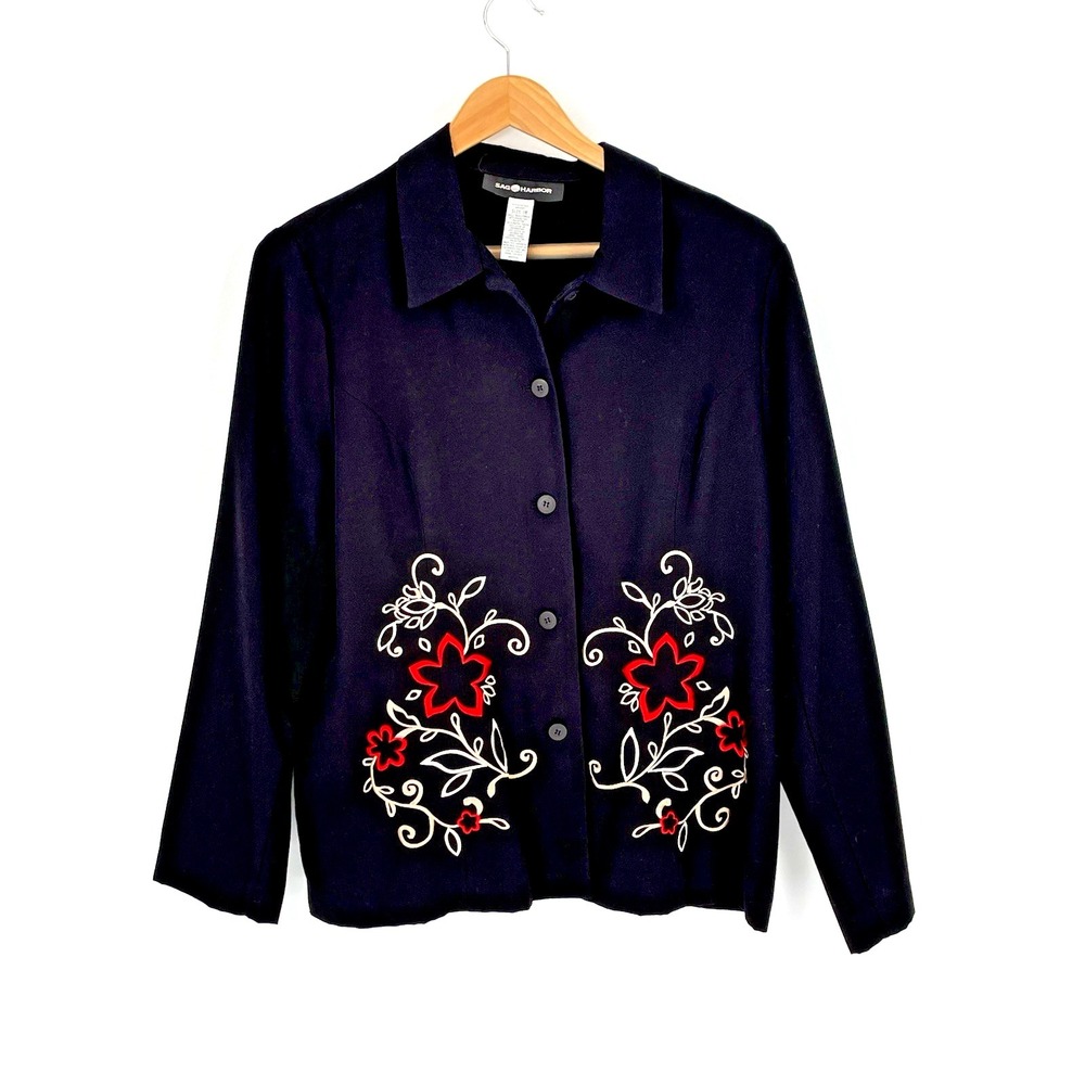 Sag Harbor Womens Plus 18 Black Blazer Emboidered Red Beige Button Up